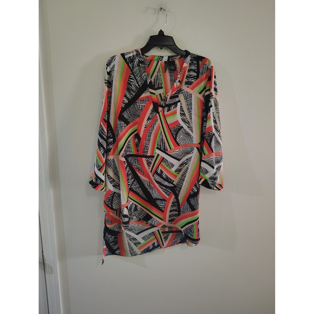 New Directions Womens XL Tunic Top Abstract Geometric Print 3/4 Sleeve V-Neck